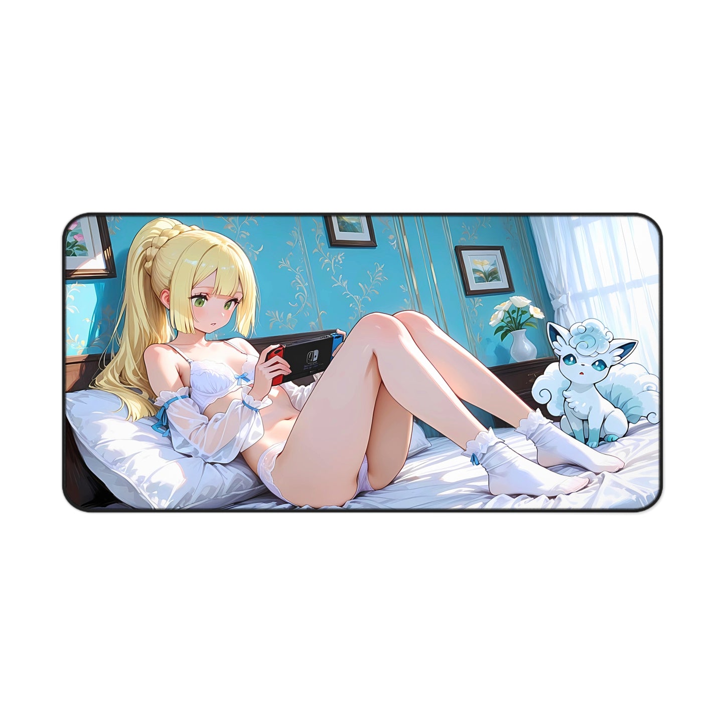 Cute Blonde Bedtime Gamer Girl In White Lingerie Anime Desk Mat