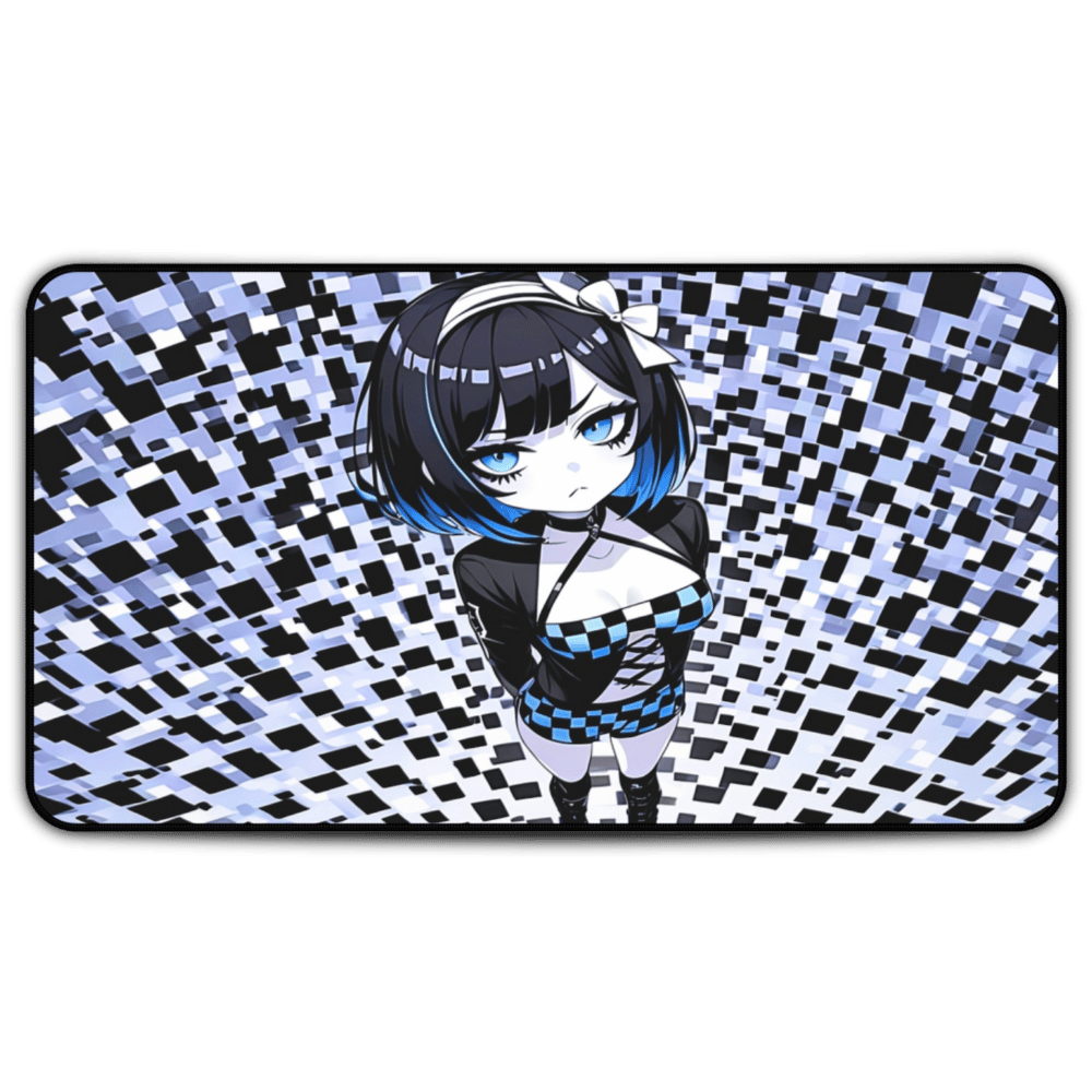 Kawaii Blue Checkers Goth Girl Desk Mat featuring kawaii-inspired art loved by fans of cute anime, games, and accessories
