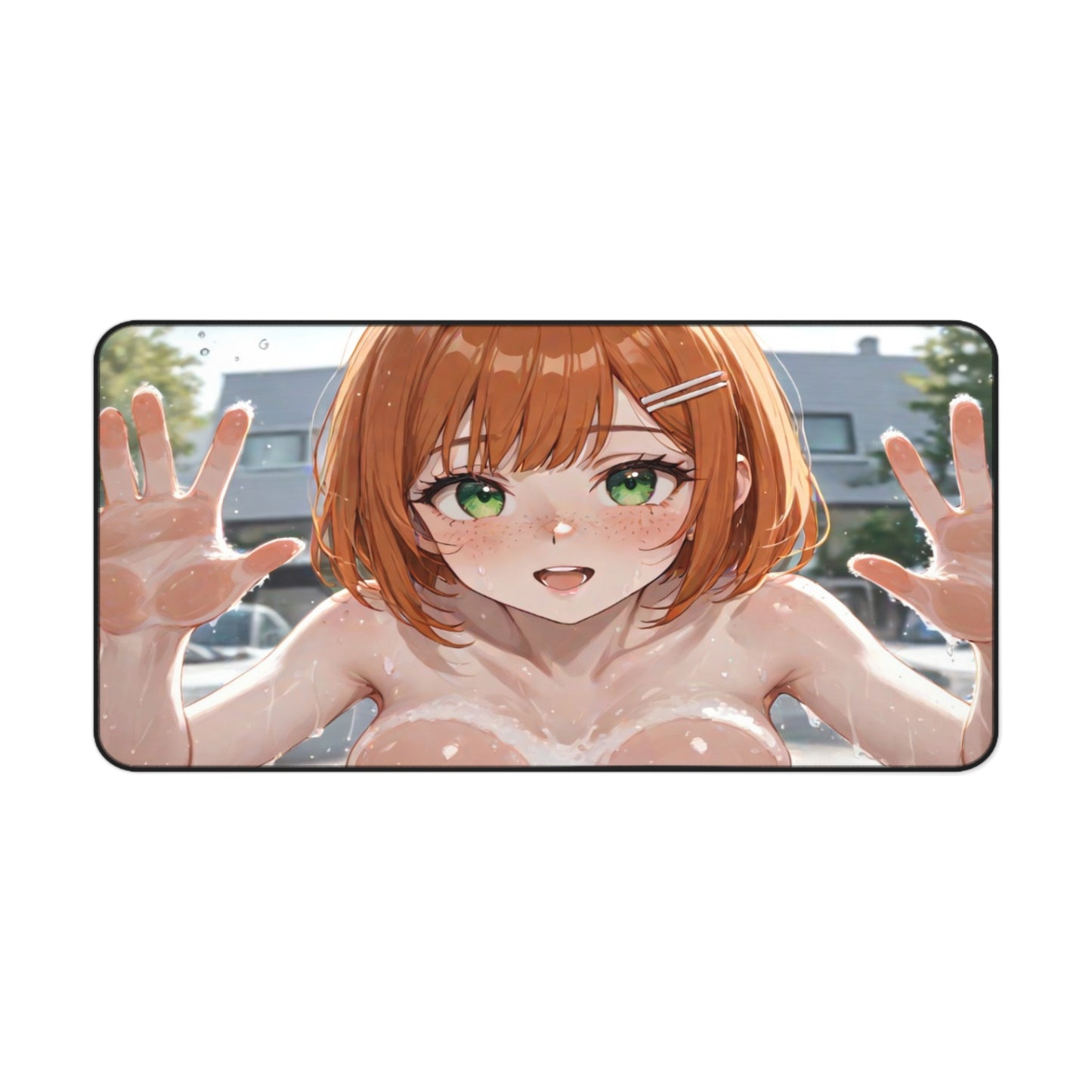 POV Car Wash Naked Orange Hair Freckle Girl Desk Mat sexy anime girl, lewd waifu artwork