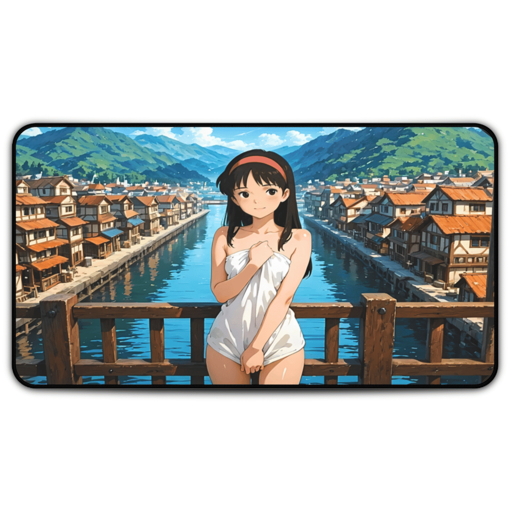 Yumeko – Shy Waifu by the River Town Lewd Desk Mat anime desk mat with dreamy waifu illustration in classic anime style, featuring a beautiful Japanese anime girl and soft aesthetic design