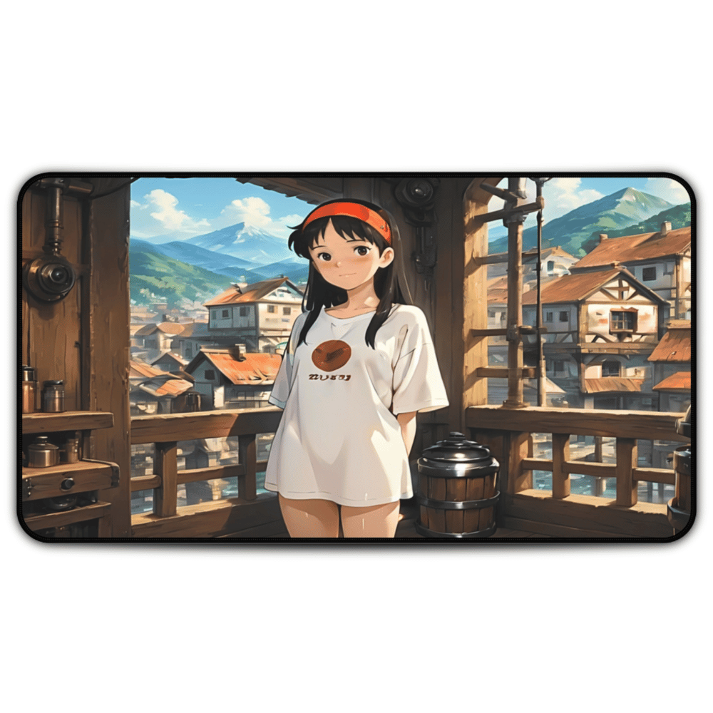 Yumeko – Blushing Dark Haired Waifu Desk Mat anime desk mat with dreamy waifu illustration in classic anime style, featuring a beautiful Japanese anime girl and soft aesthetic design
