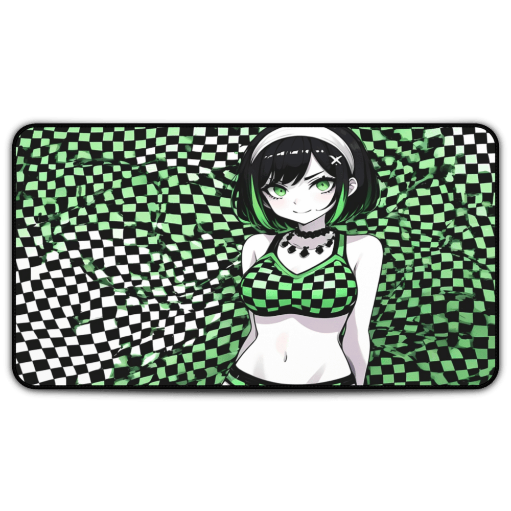 Cute Green Checkers Goth Waifu Desk Mat sexy anime girl, lewd waifu artwork