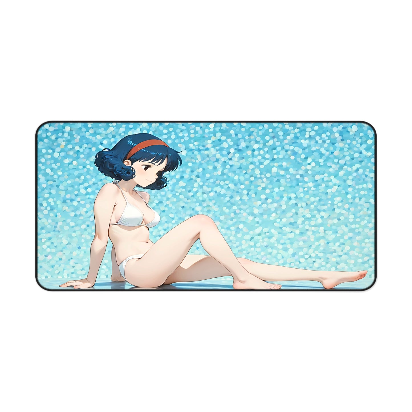 Yumeko – Lewd Dark Hair & White Bikini Anime Waifu Desk Mat anime desk mat with dreamy waifu illustration in classic anime style, featuring a beautiful Japanese anime girl and soft aesthetic design