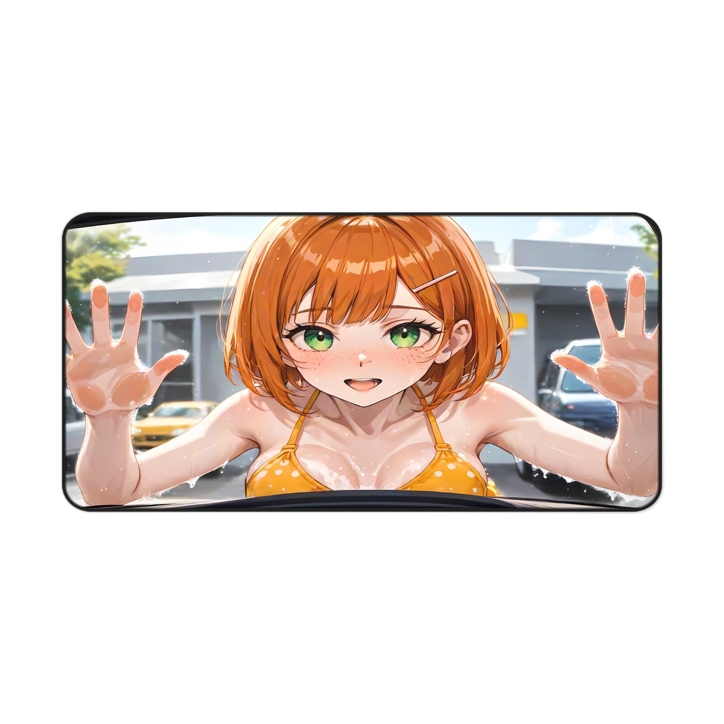 POV Car Wash Sexy Redhead Yellow Bikini Desk Mat sexy anime girl, lewd waifu artwork