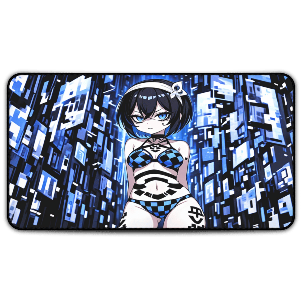 Kawaii Blue Checkers Goth Girl Desk Mat sexy anime girl, lewd waifu artwork