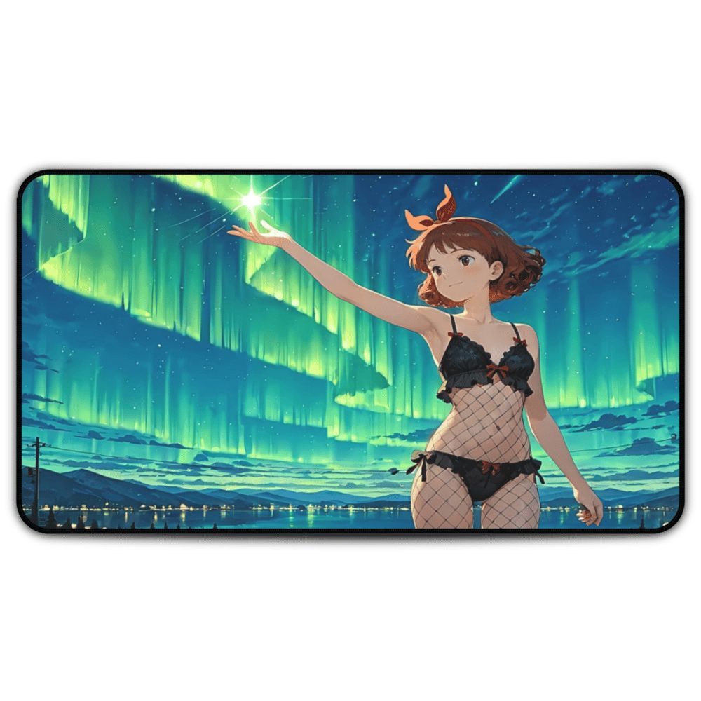 Yumeko – Northern Light Embrace Anime Desk Mat anime desk mat with dreamy waifu illustration in classic anime style, featuring a beautiful Japanese anime girl and soft aesthetic design