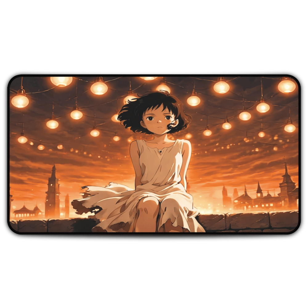 Yumeko – Classic Anime Girl & Lantern Sky Desk Mat anime desk mat with dreamy waifu illustration in classic anime style, featuring a beautiful Japanese anime girl and soft aesthetic design