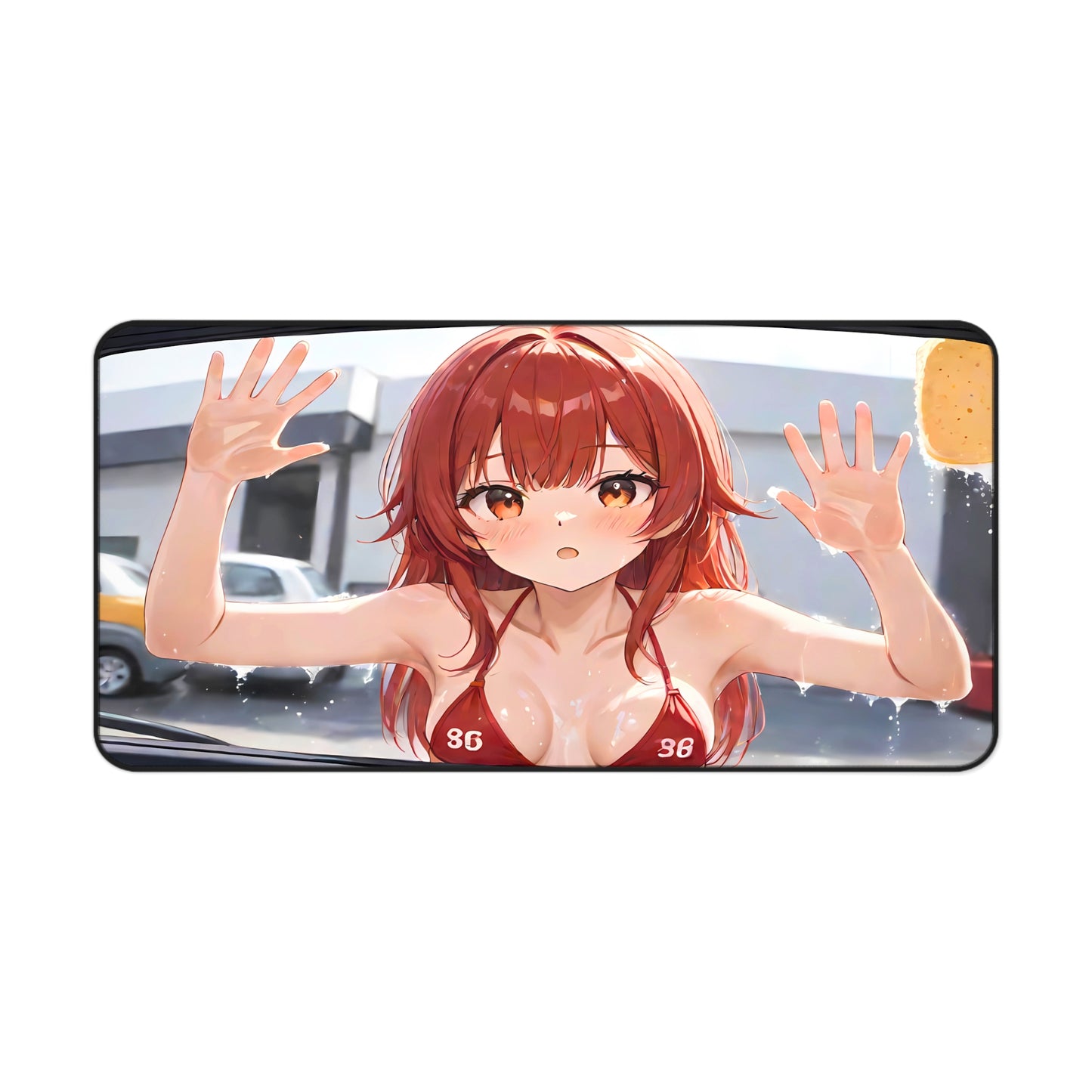 POV Car Wash Redhead Girl In Red Bikini Desk Mat sexy anime girl, lewd waifu artwork