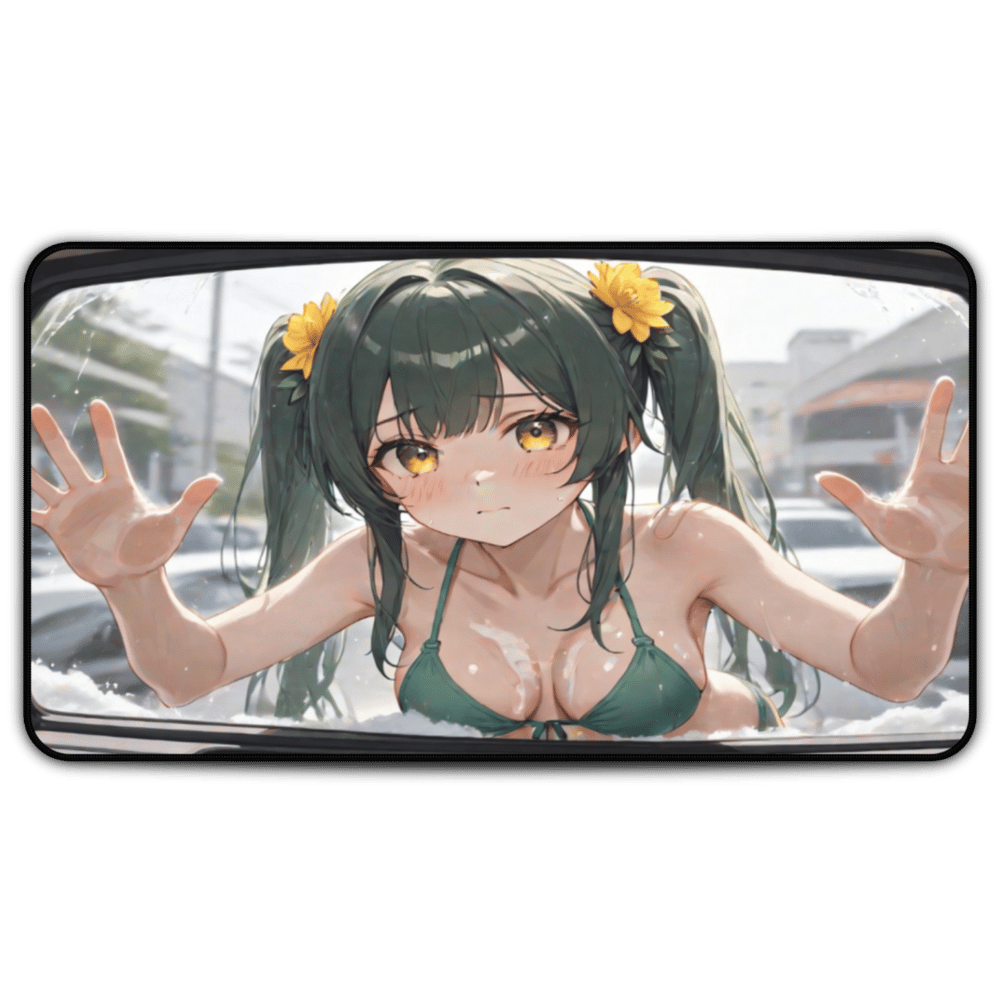 POV Car Wash Green Hair Green Bikini Anime Girl Desk Mat sexy anime girl, lewd waifu artwork