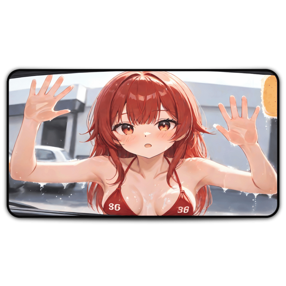 POV Car Wash Redhead Girl In Red Bikini Desk Mat sexy anime girl, lewd waifu artwork