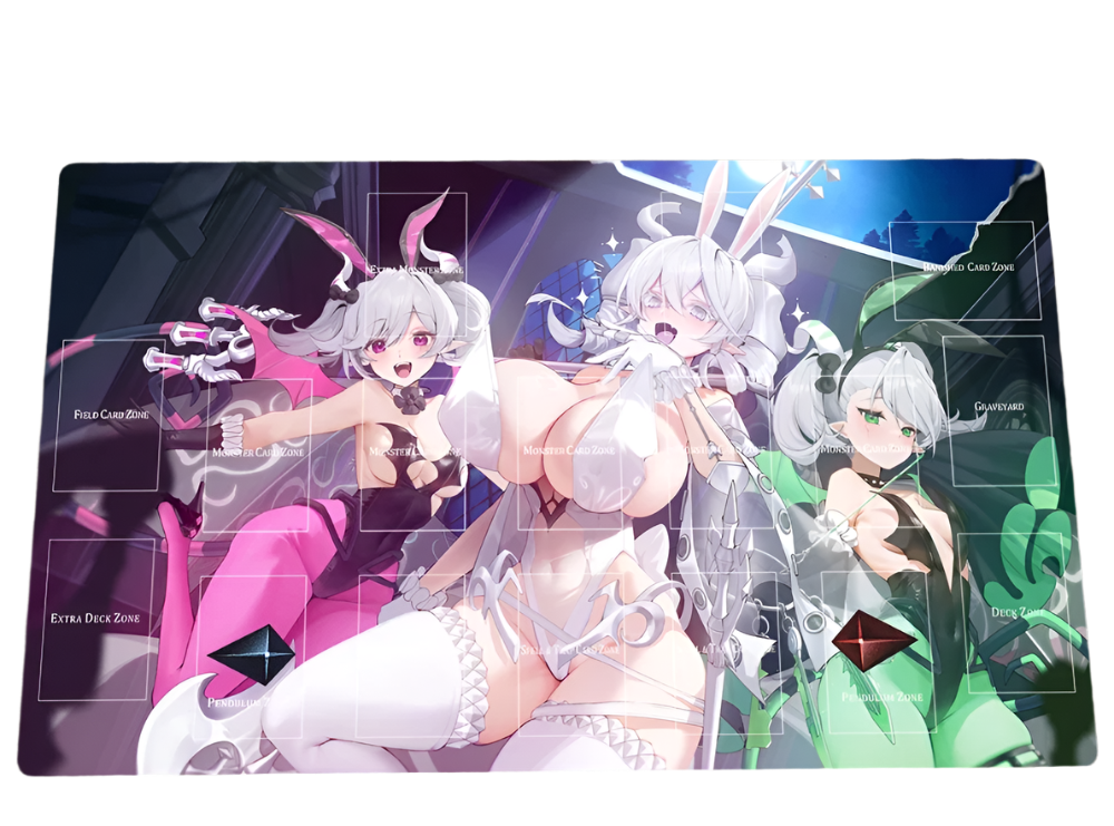 A sexy anime girl playmat with the beautiful labrynth girls playing around in their skin-tight outfits revealing their big breasts and perfect soft bodies