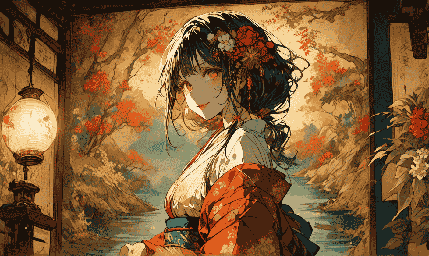 Beautiful Japanese Girl Anime Waifu Desk Mat Nihonga Painting Style Large Mousepad