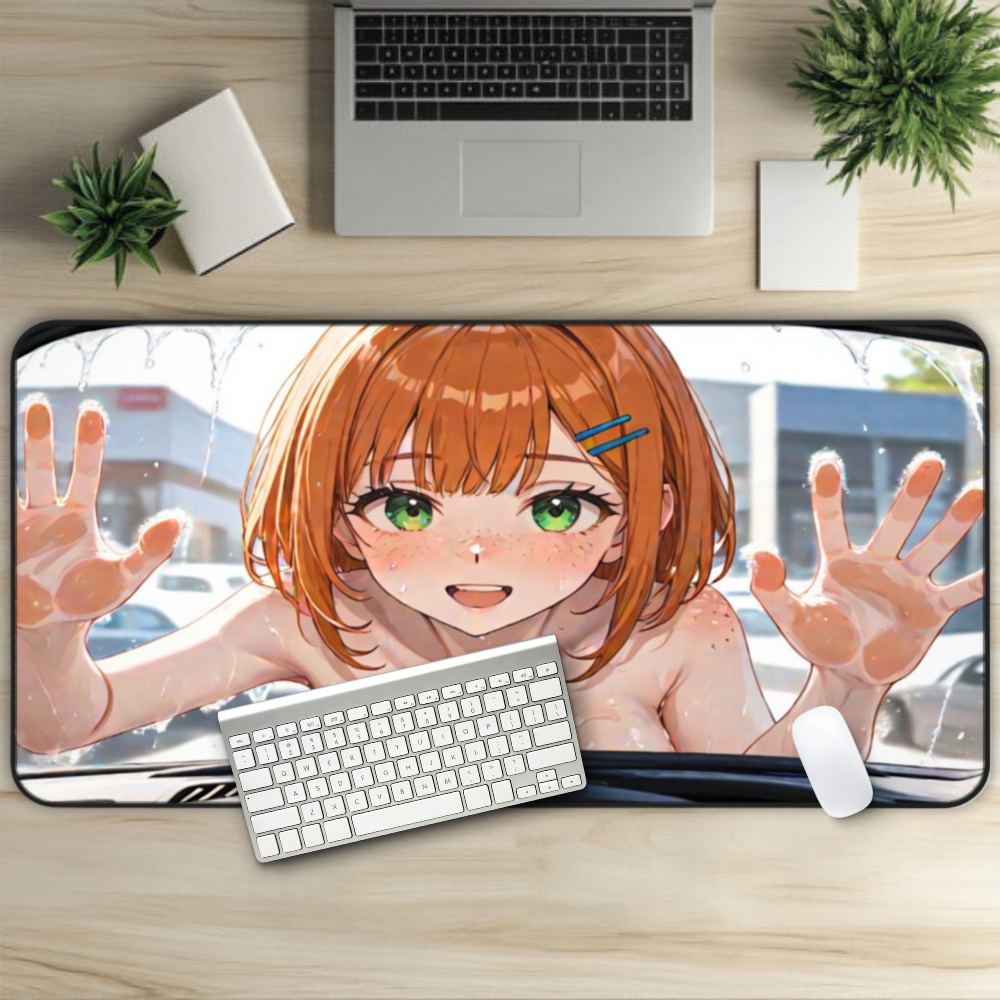 POV Car Wash Naked Orange Hair Anime Girl Desk Mat sexy anime girl, lewd waifu artwork