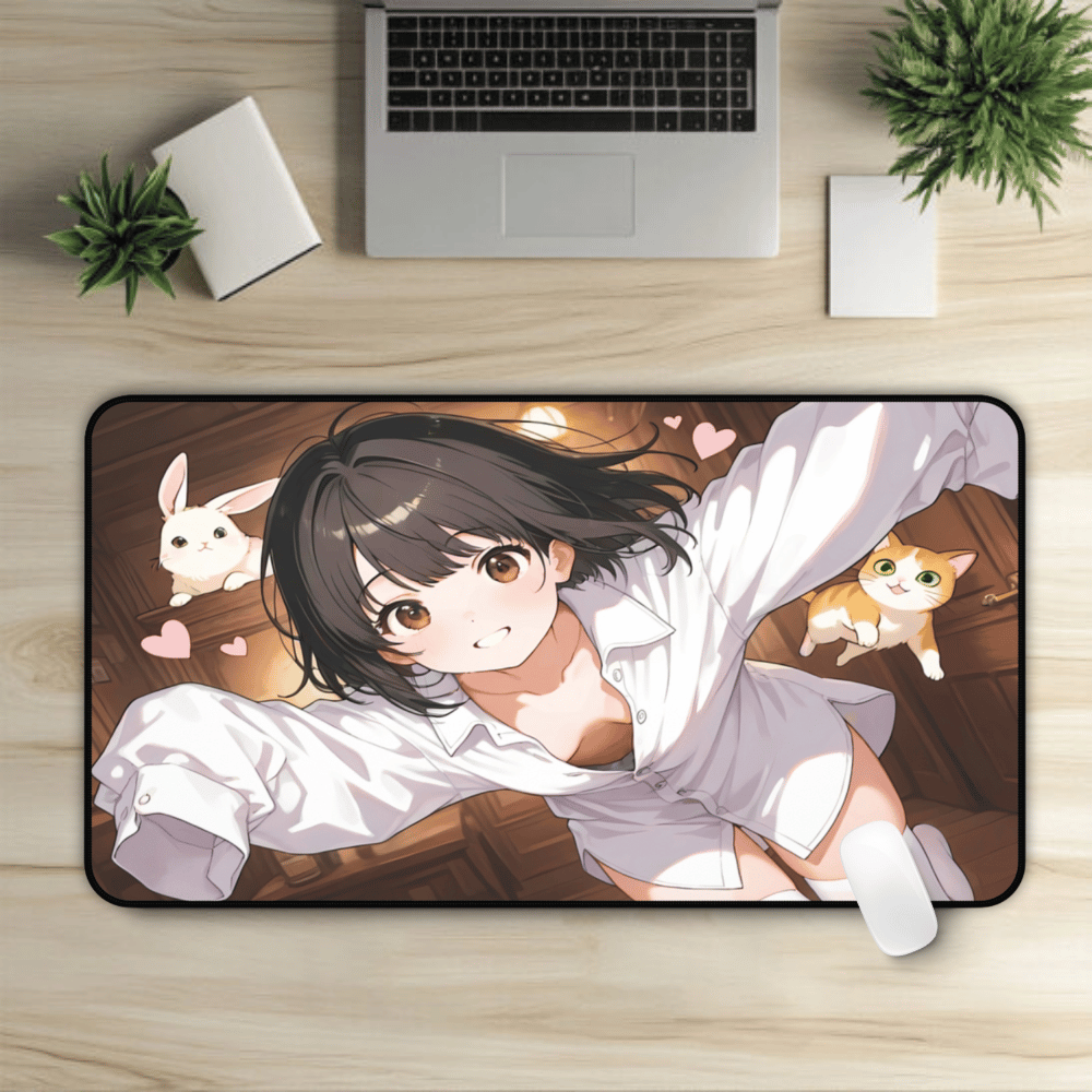 Playful cat and bunny with anime girl on this dreamy anime desk mat