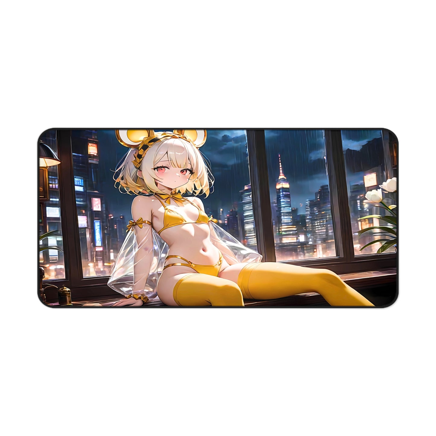 Urban anime desk mat with mouse girl in clear jacket and yellow thigh-high socks