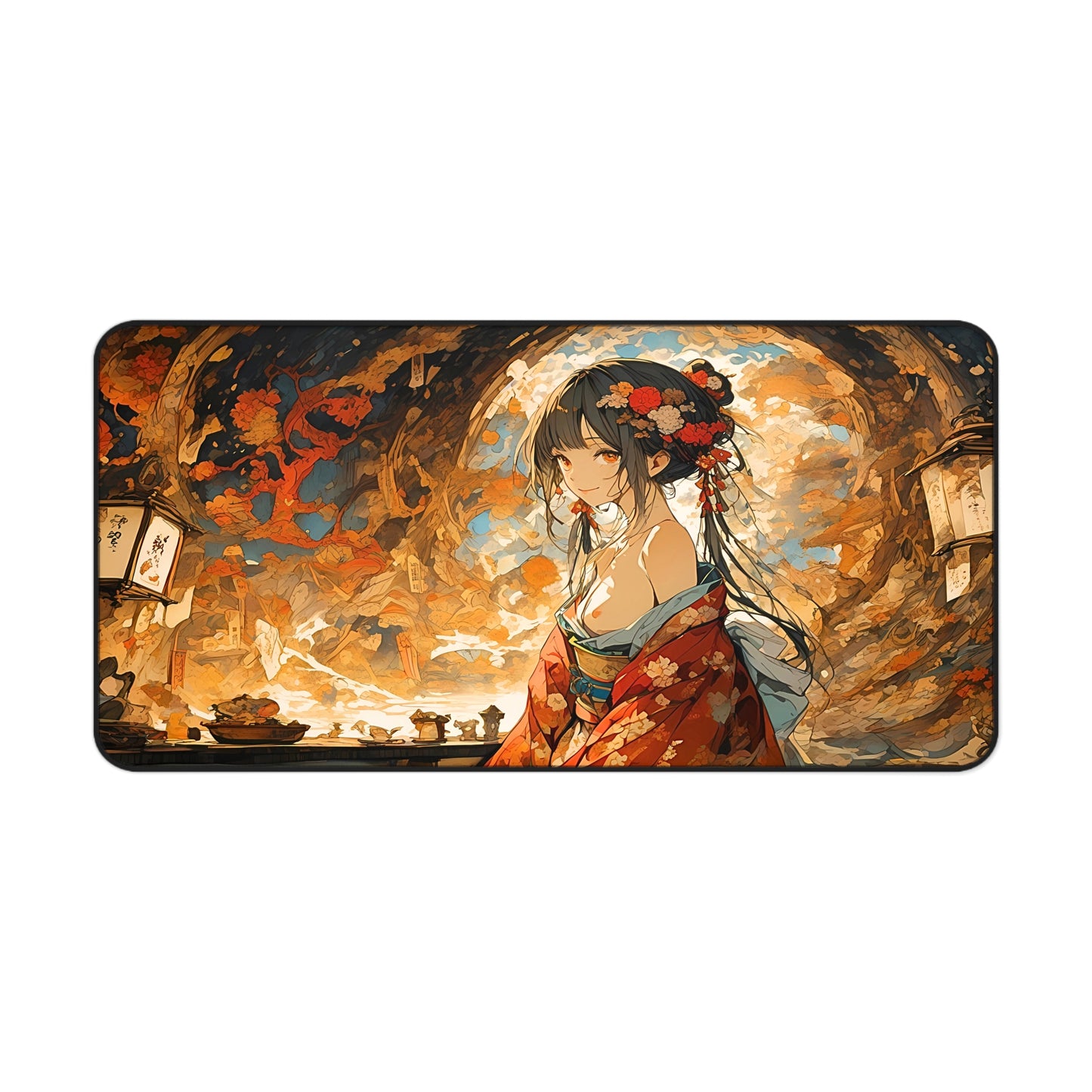 Artistic fall landscape with kimono-clad girl in a Nihonga-inspired design