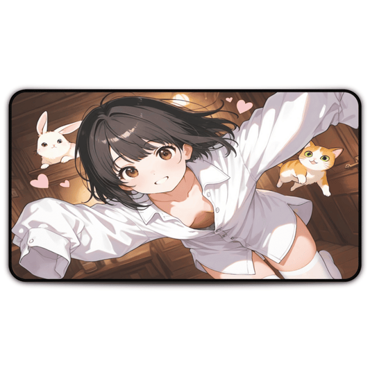 Cute anime girl laying in bed with a cat and bunny on a cozy pastel desk mat