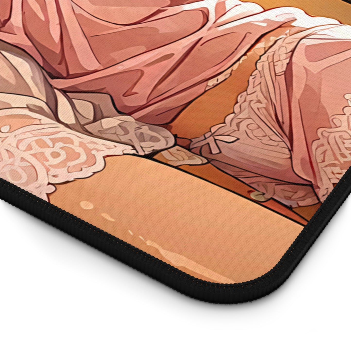 Anime waifus cuddling during a playful sleepover scene on this desk mat