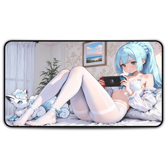 Bedtime Joy – Cute Anime Girl with Bunny & Cat Desk Mat anime desk mat featuring sexy anime style and design feet