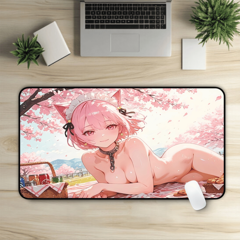 Best anime girl mousepad for spring vibes featuring a cat-eared maid beneath sakura trees sexy naked waifu hentai artwork catgirl large breasts pink hair maid