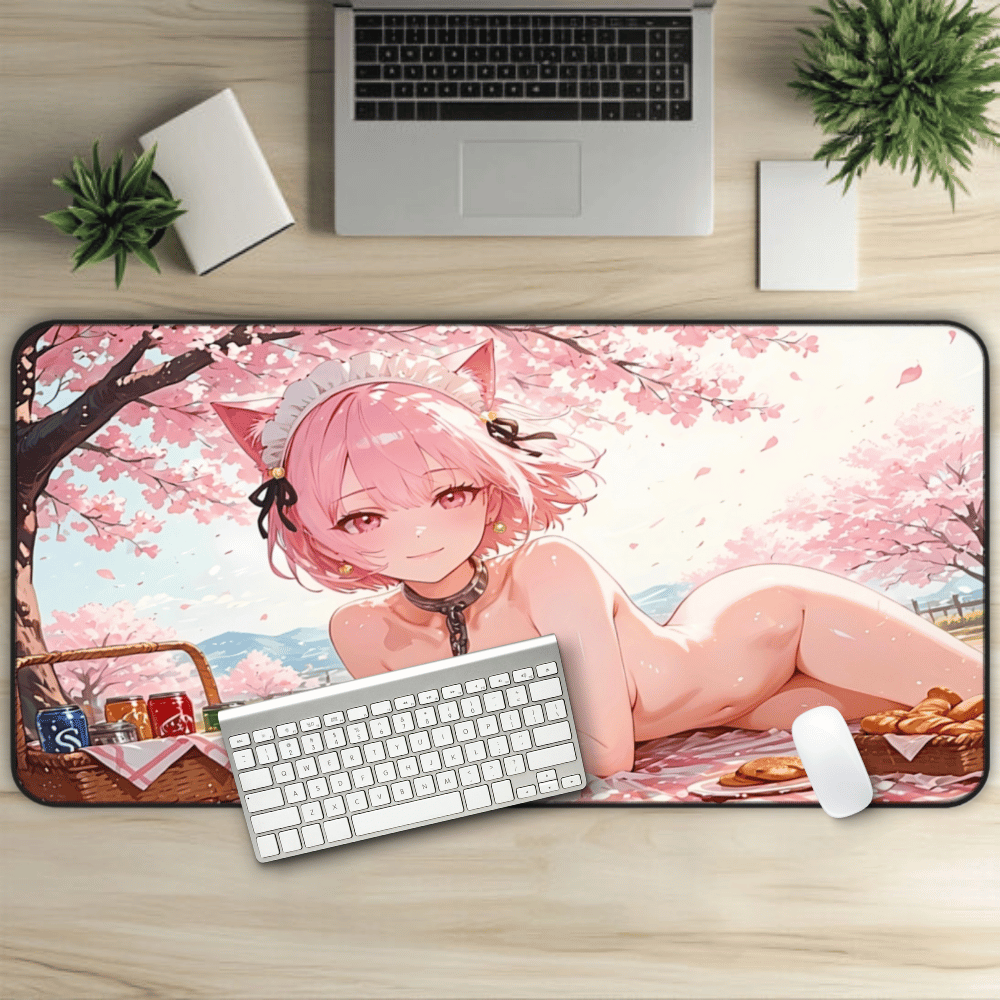 Best anime girl mousepad for spring vibes featuring a cat-eared maid beneath sakura trees sexy naked waifu hentai artwork catgirl large breasts pink hair maid