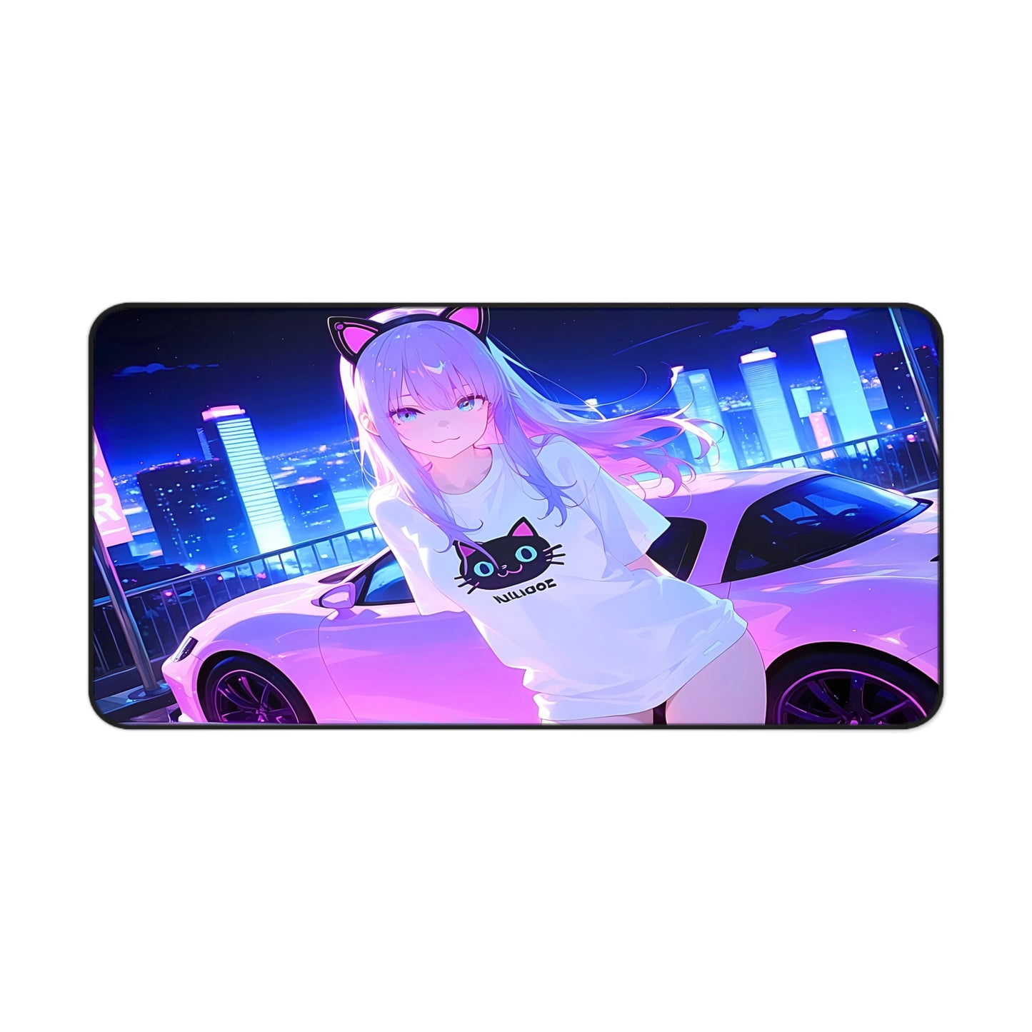 Mousepad with anime catgirl and nighttime city lights