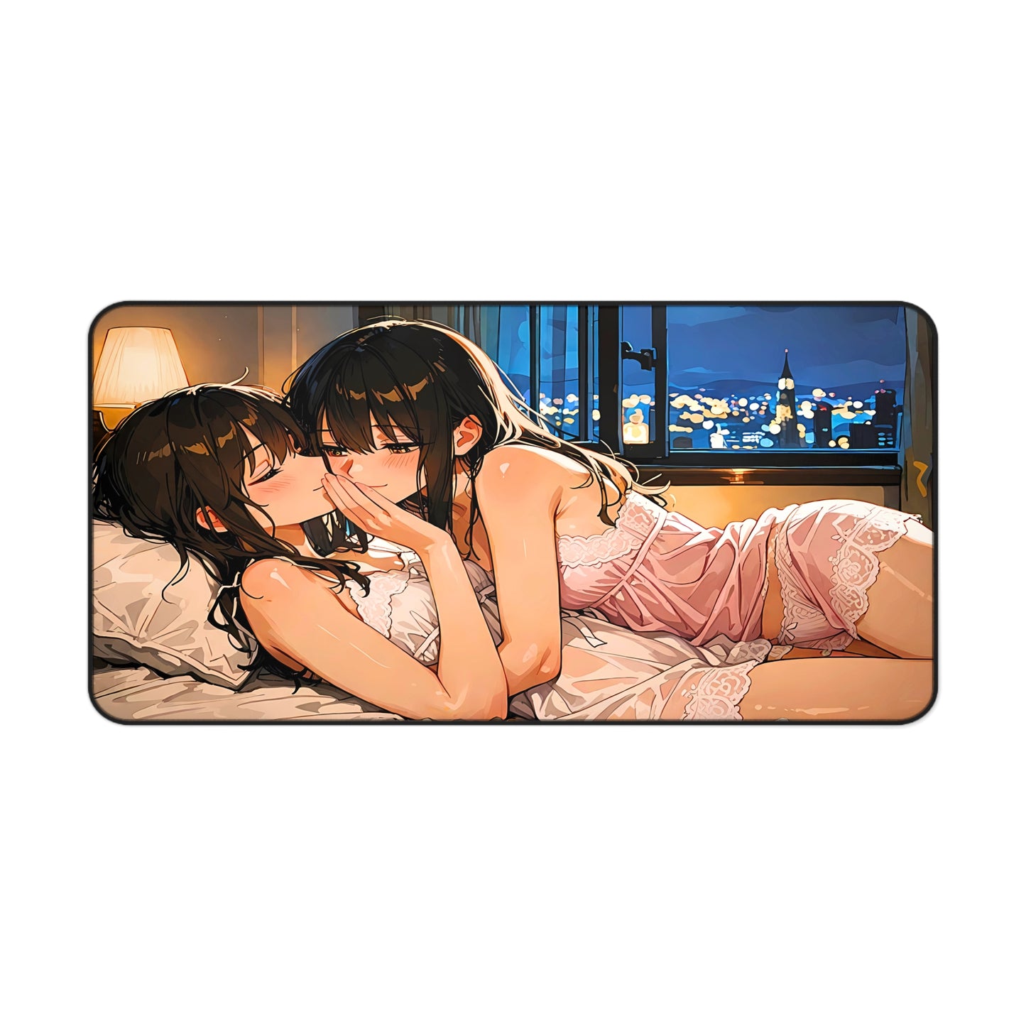 Girls in bed with cozy and teasing expressions on anime themed desk mat