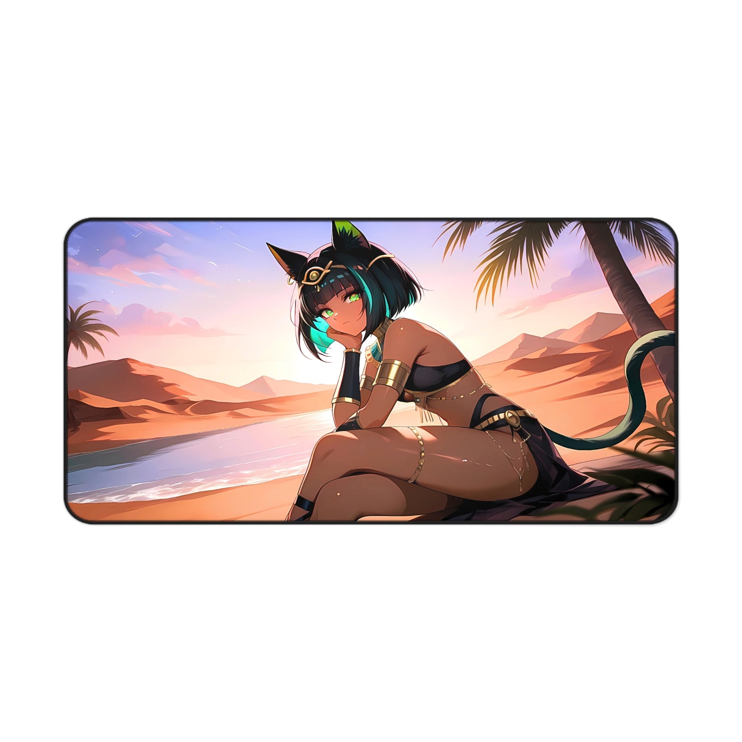 Egyptian Sunset Cat Princess Anime Desk Mat with anime girl art, desk mat, waifu, gamer, cute, aesthetic, anime setup, exotic waifu, brown, arab, anubis, catgirl, neko, thigs, hentai, nude, naked, ecchi, fan art, playmat, mousepad, sunset, nile river, majestic, melancholic, priestess, ancient, temple. sacred shrine, future