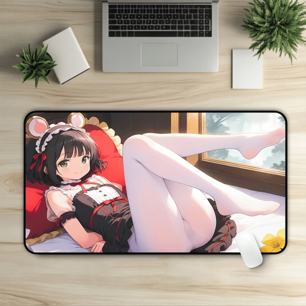 Lewd Cozy Mouse Girl Anime Desk Mat with anime girl art, desk mat, waifu, gamer, cute, aesthetic, anime setup, lewd, waifu, feet, soles, toes, foot fetish, ass, ecchi, uncensored, waifu, dress,