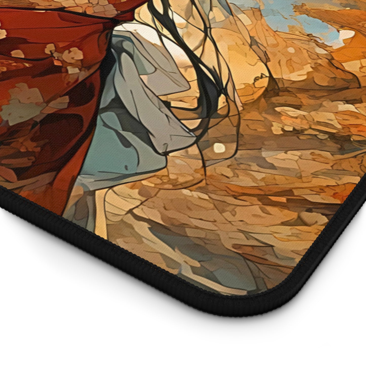 Elegant Japanese girl in kimono desk mat with traditional fall scenery waifu mousepad
