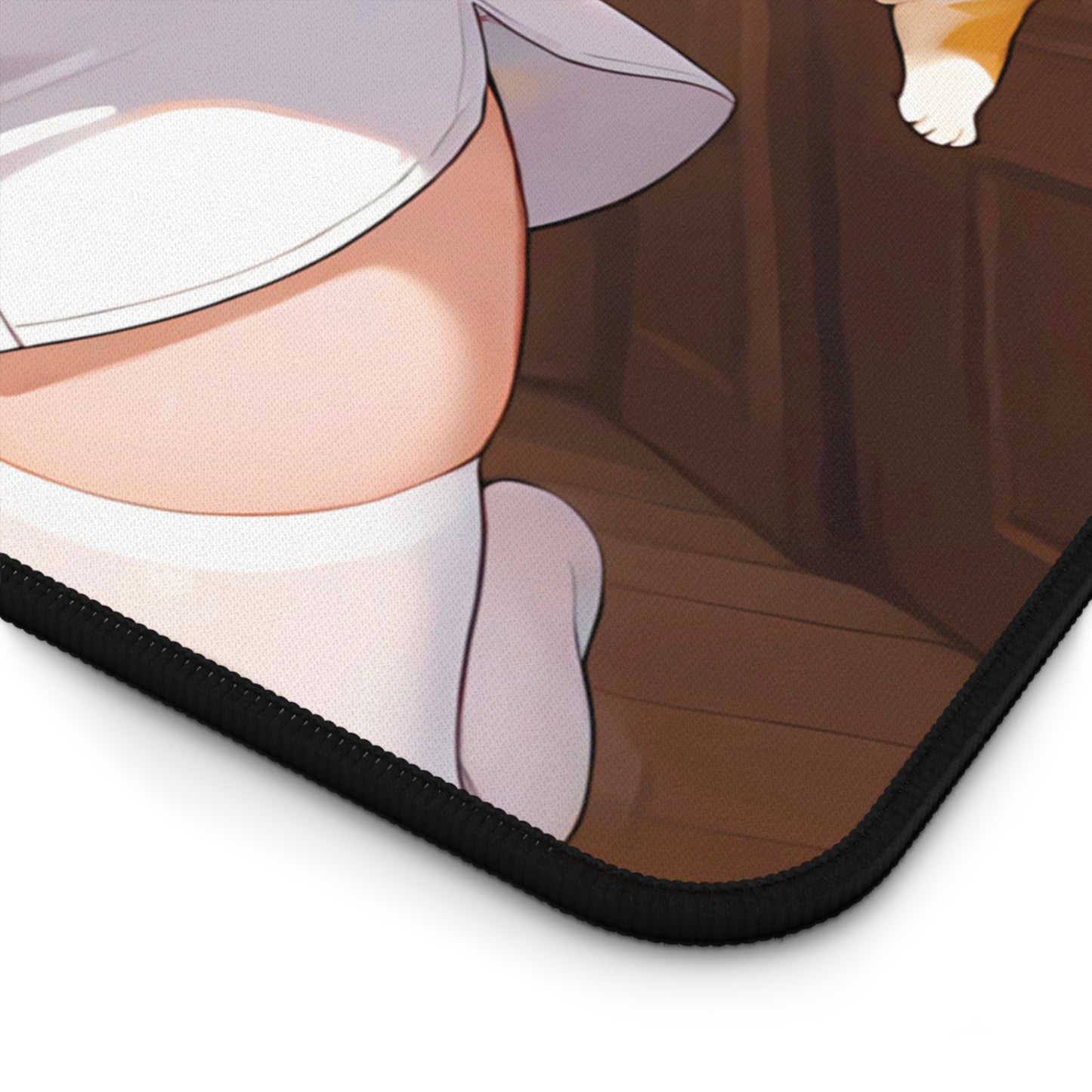 Bedtime anime waifu surrounded by bunny and cat on soft playmat surface