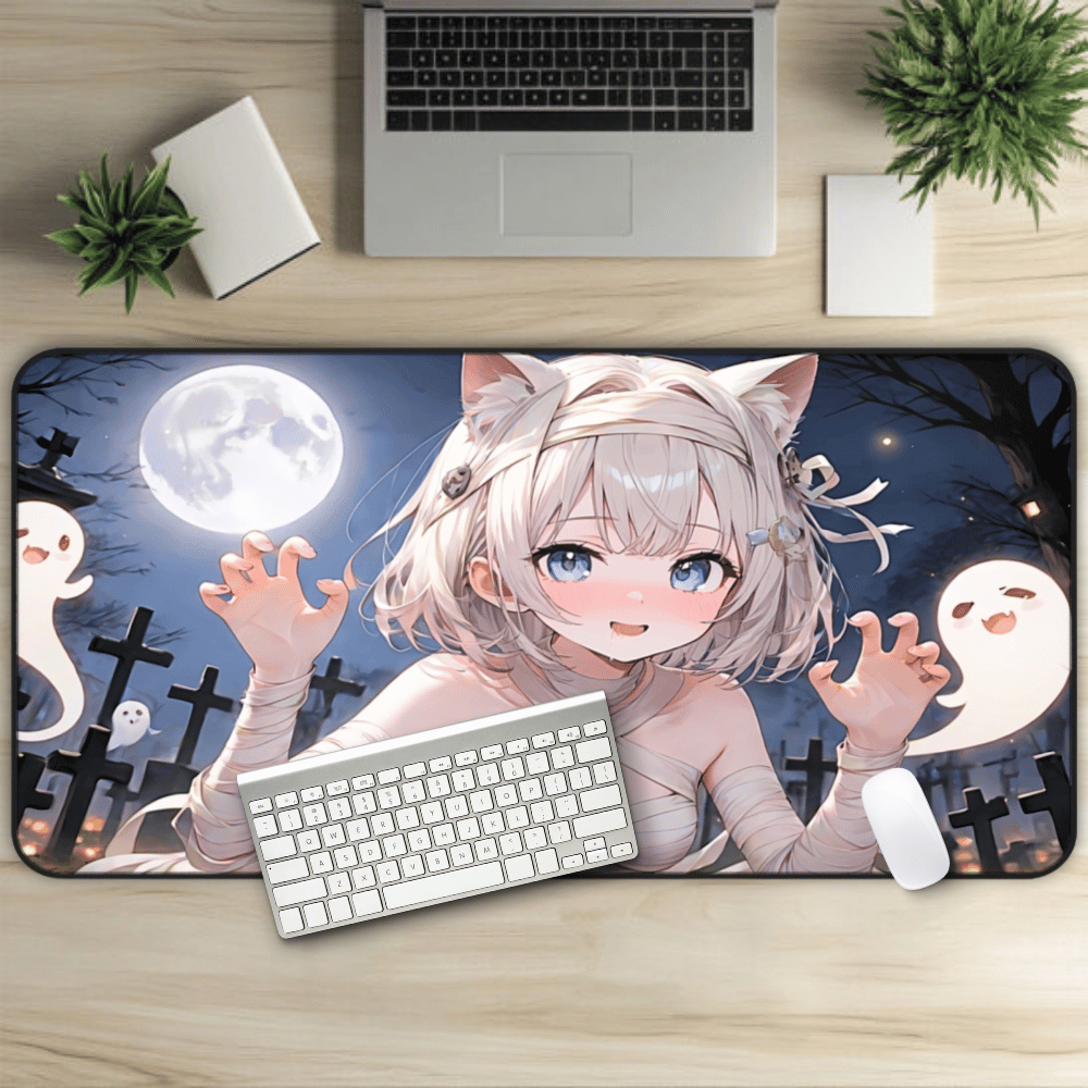 Mummy Catgirl Anime Desk Mat "Spooky Cutie" with anime girl art, desk mat, waifu, gamer, cute, aesthetic, anime setup, white, hari, pale skin, blue eyes, cat ears, small breasts, moonlight, ghosts, graveyard, hentai, waifu