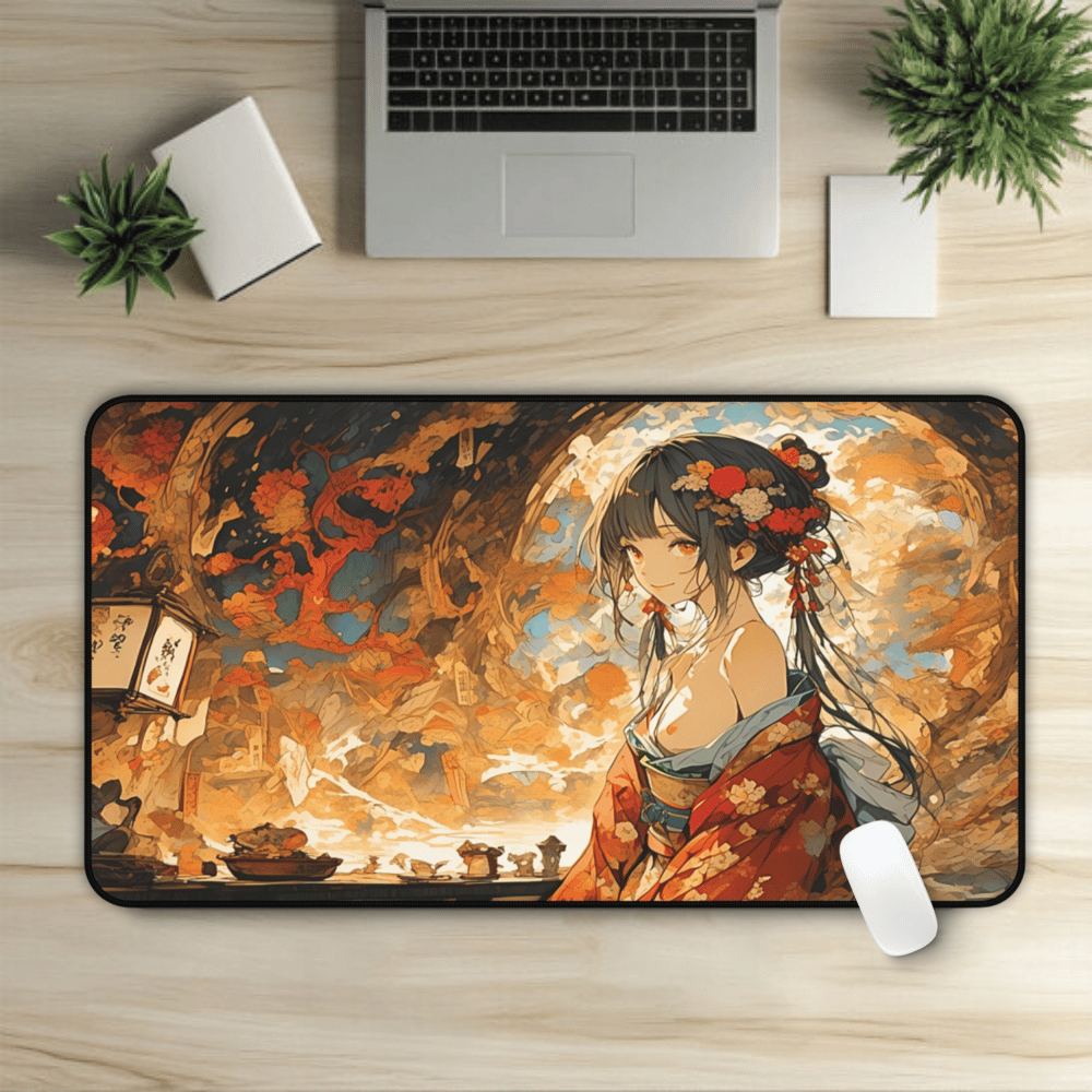 Desk mat with anime girl and swirling autumn leaves in a classic art style