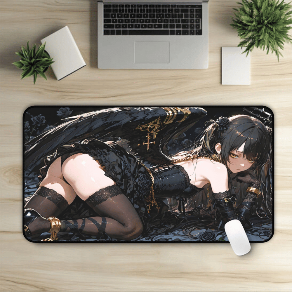 Lewd Dark Seraph Anime Girl Desk Mat with anime girl art, desk mat, waifu, gamer, cute, aesthetic, anime setup, big ass, fallen angel, hentai, ecchi, naked, bondage, angel wings, pale skin, pantyhose, black socks, stockings, melancholic, playmat, mousepad, gift, legs, lewd, artwork, fan art, tight clothes