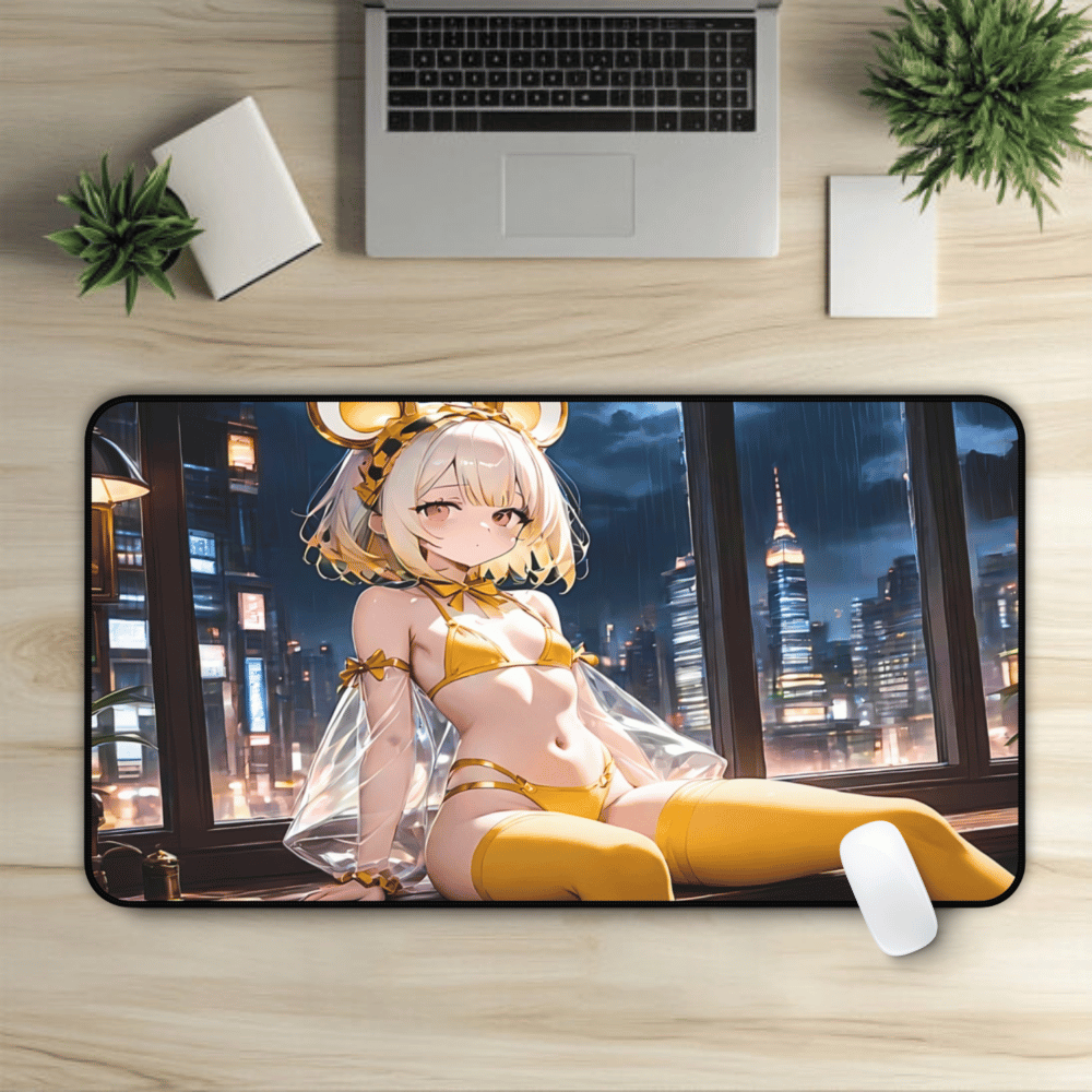 Sexy anime waifu with golden outfit and thigh-highs resting near a rainy night window
Playful mouse-themed anime girl in yellow lounging by a cityscape in the background