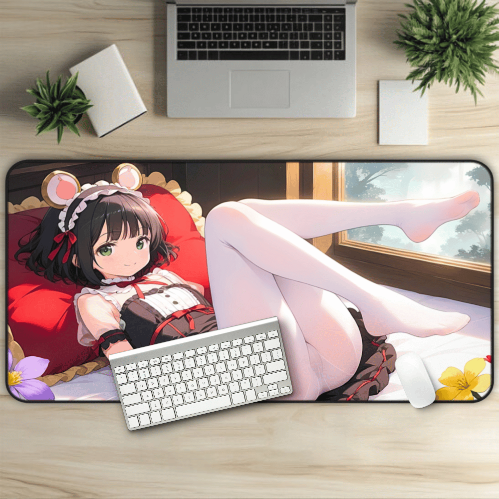 Lewd Cozy Mouse Girl Anime Desk Mat with anime girl art, desk mat, waifu, gamer, cute, aesthetic, anime setup, lewd, waifu, feet, soles, toes, foot fetish, ass, ecchi, uncensored, waifu, dress,