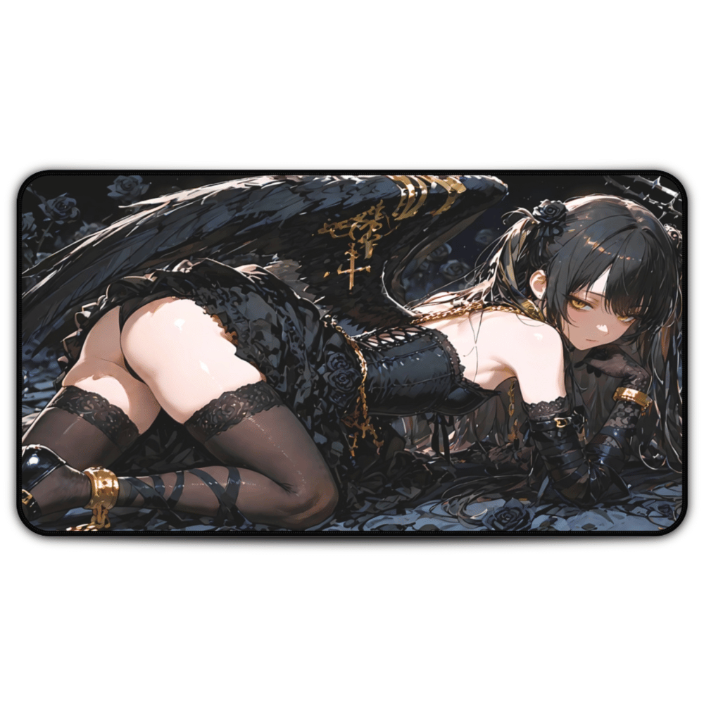 Lewd Dark Seraph Anime Girl Desk Mat with anime girl art, desk mat, waifu, gamer, cute, aesthetic, anime setup, big ass, fallen angel, hentai, ecchi, naked, bondage, angel wings, pale skin, pantyhose, black socks, stockings, melancholic, playmat, mousepad, gift, legs, lewd, artwork, fan art
