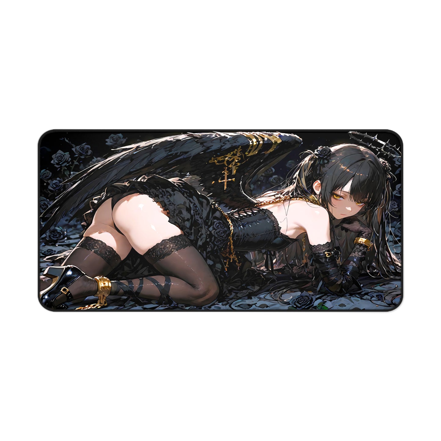 Lewd Dark Seraph Anime Girl Desk Mat with anime girl art, desk mat, waifu, gamer, cute, aesthetic, anime setup, big ass, fallen angel, hentai, ecchi, naked, bondage, angel wings, pale skin, pantyhose, black socks, stockings, melancholic, playmat, mousepad, gift, legs, lewd, artwork, fan art, tight clothes, gaming, mat,