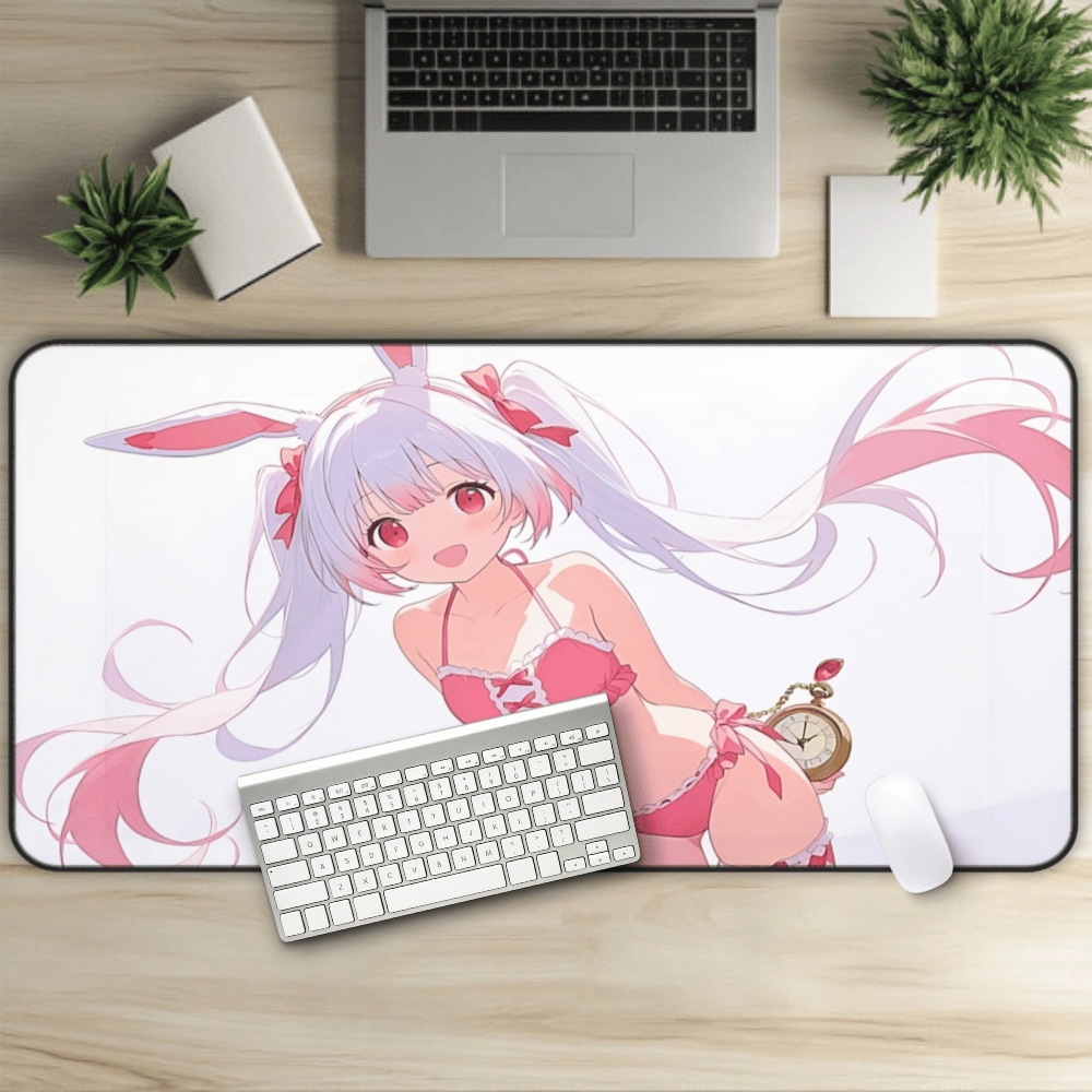 White Rabbit Anime Girl Desk Mat "Rejoice" sexy anime girl, lewd waifu artwork