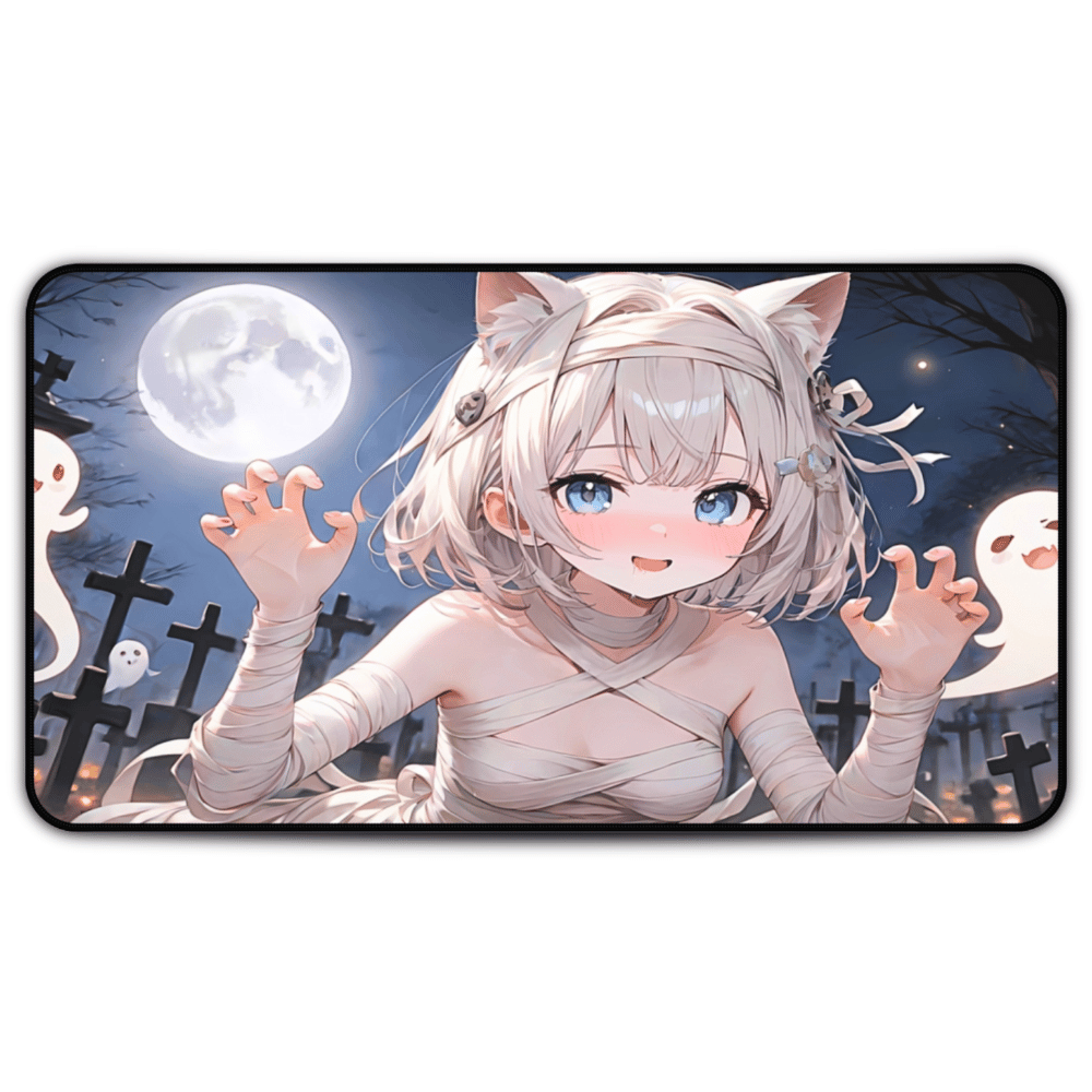 Mummy Catgirl Anime Desk Mat "Spooky Cutie" with anime girl art, desk mat, waifu, gamer, cute, aesthetic, anime setup, small, breasts, anime, waifu, ecchi, lewd, art, loli