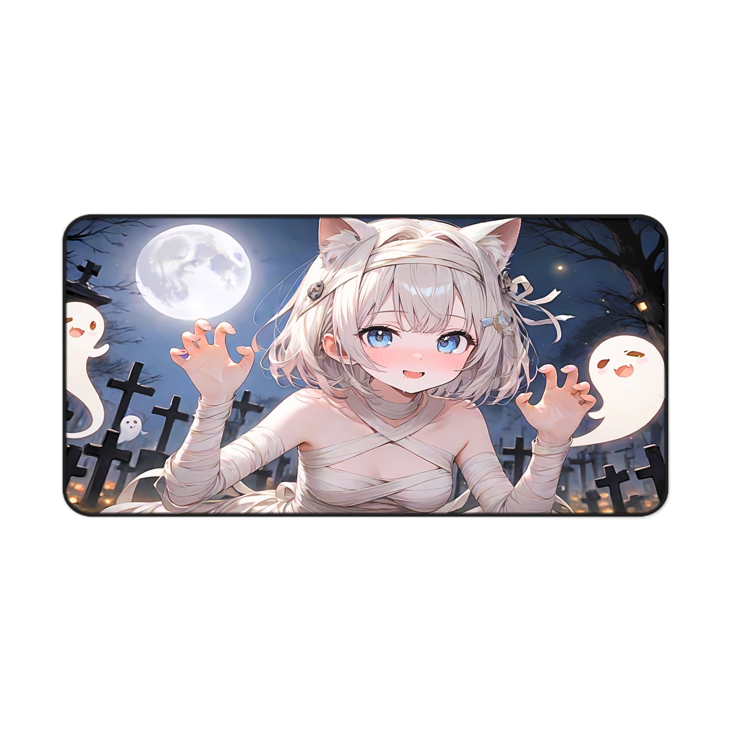 Mummy Catgirl Anime Desk Mat "Spooky Cutie" with anime girl art, desk mat, waifu, gamer, cute, aesthetic, anime setup, mummy, waifu, small, breasts, pale, skin, blue, eyes, white, hair, cat ears