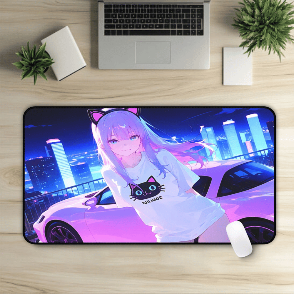 Desk mat with anime waifu in a vibrant cyberpunk backdrop