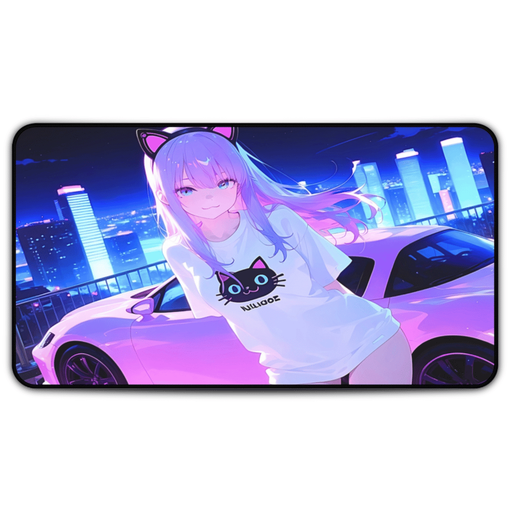Anime waifu desk mat riding into a neon-lit city night