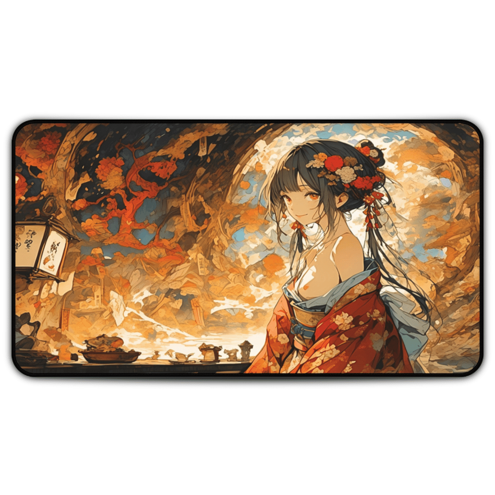 Nihonga desk mat featuring a girl in a red kimono with glowing lanterns and autumn leaves naked breast hentai desk mat mouse pad waifu