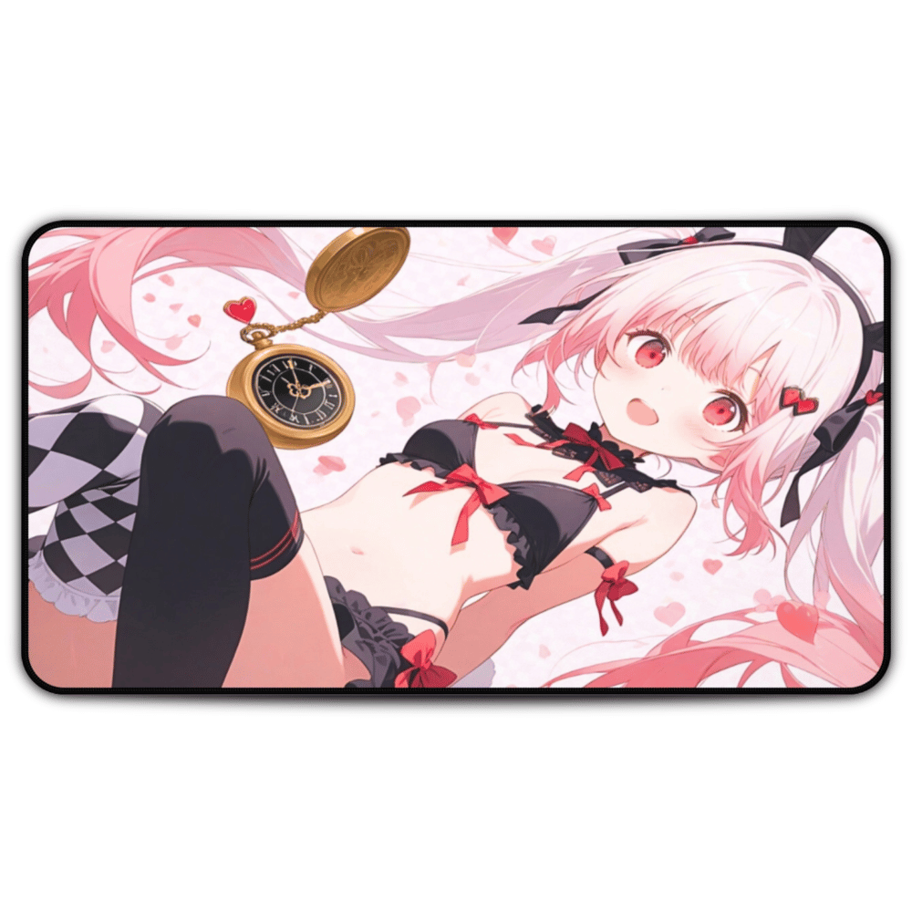 Sexy pink-haired anime girl in white rabbit outfit desk mat