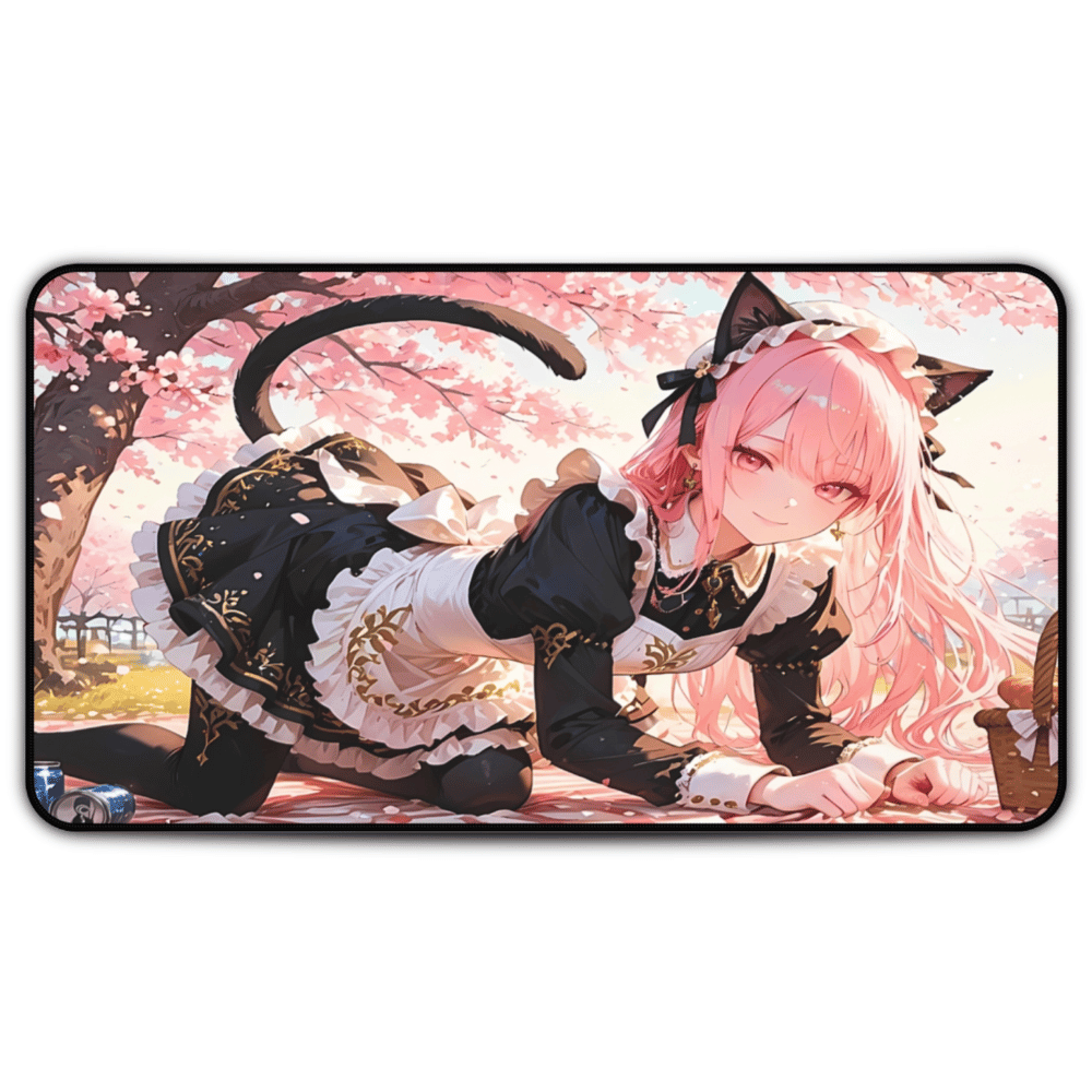 Pink cat maid with cherry blossoms anime desk mat