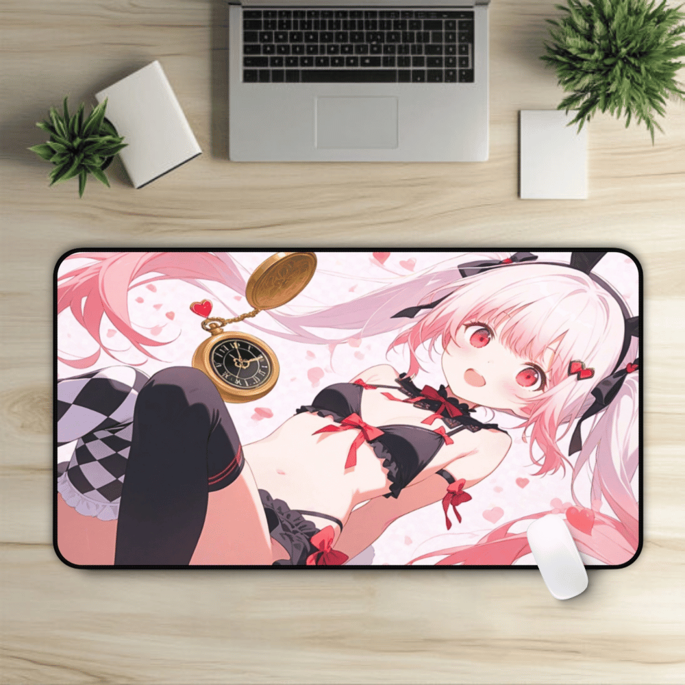 Pink hair anime desk mat with rabbit flair