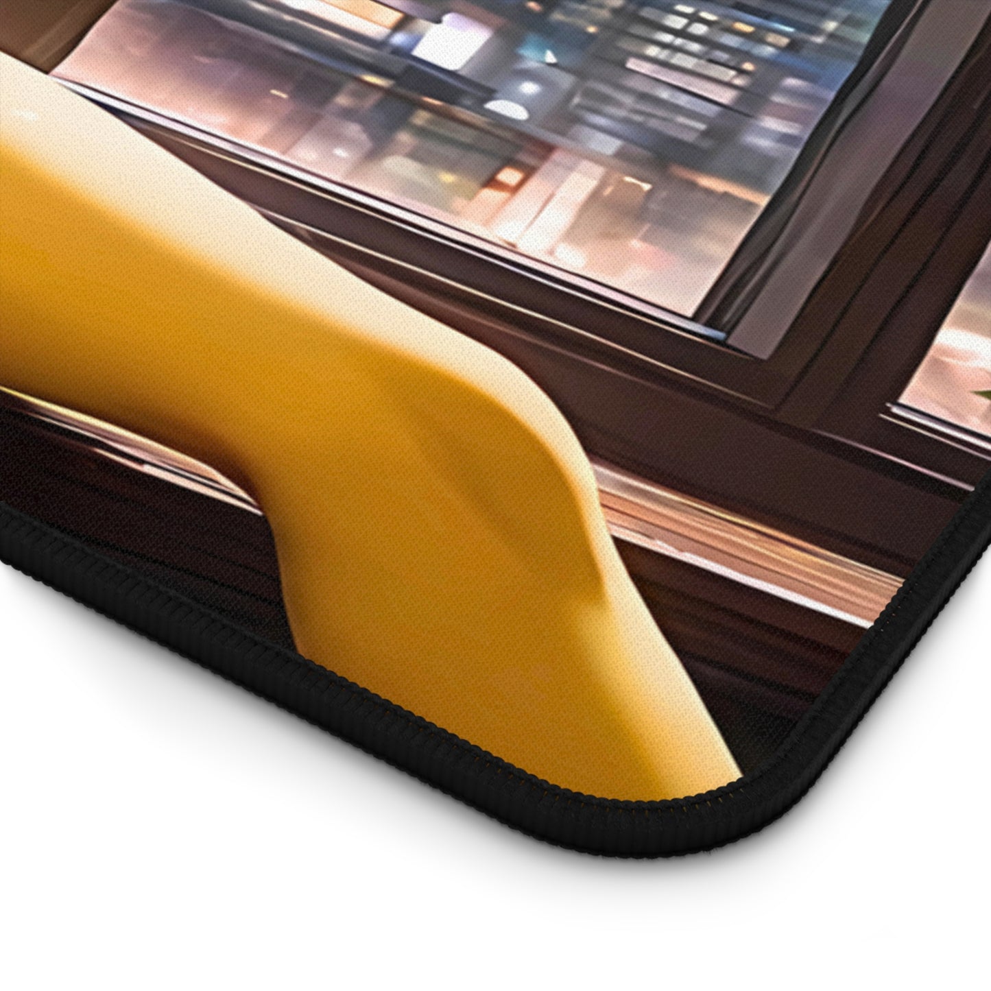 Sexy anime waifu with golden outfit and thigh-highs resting near a rainy night window