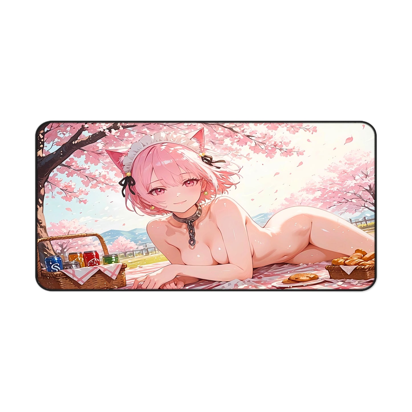Pink-haired anime cat maid posing under cherry blossoms on picnic-themed desk mat