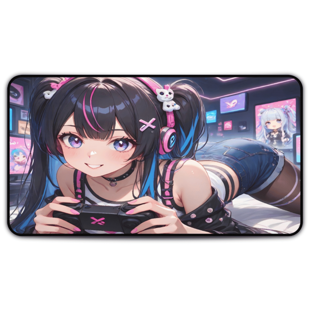Sexy Anime Gamer Waifu Playing Video Games Desk Mat with anime girl art, desk mat, waifu, gamer, cute, aesthetic, anime setup, sexy, hentai, twintails, purple, hair, black, stockings, booty, shorts